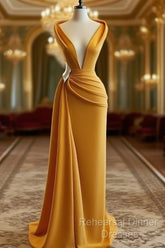 Mermaid Semi Formal Prom Dresses Deep Neck Sexy Satin Evening Dress Cheap Sweep Cocktail Dress